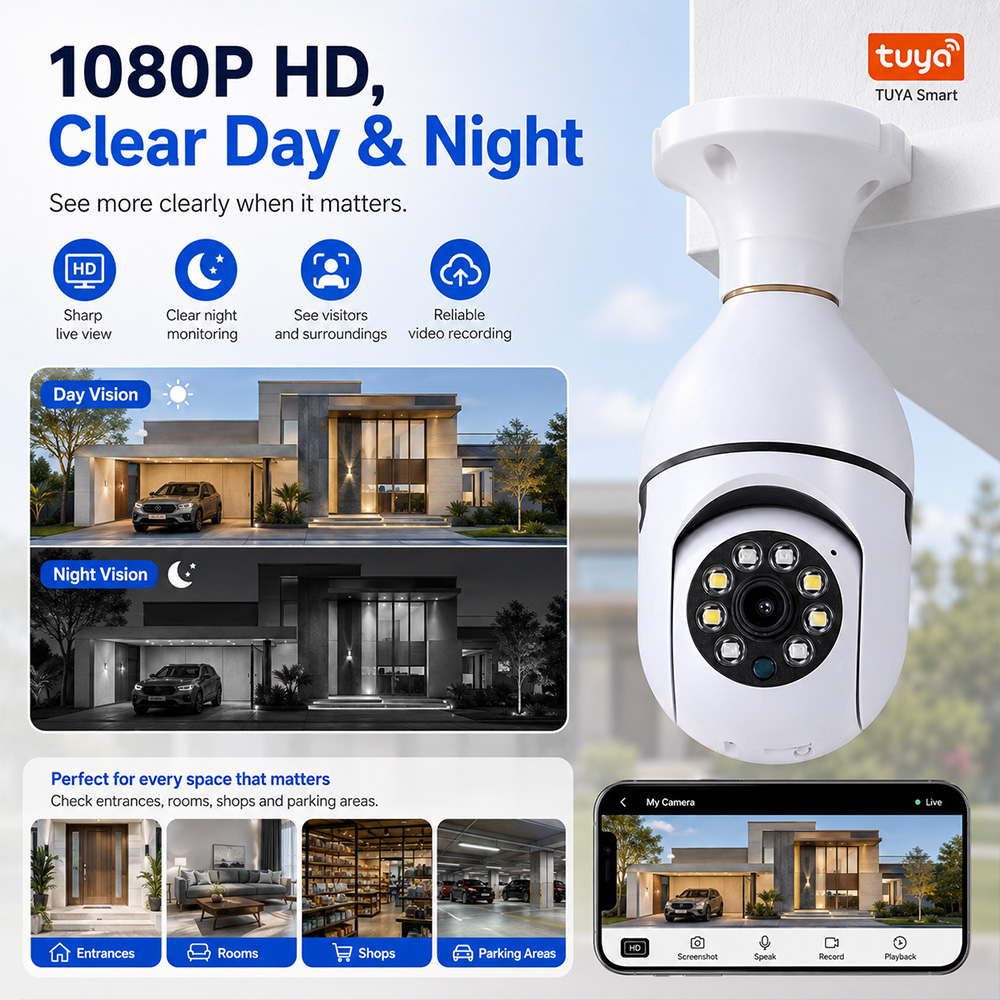 Outdoor Lighting No Electricity - Tuya Kablosuz Ampul Kamera 2MP HD